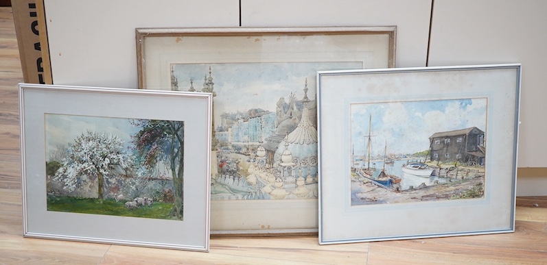 Doris Kirlew, ink and watercolour, City view, inscribed in ink, together with two other watercolours, Cornish harbour view and Sheep grazing, largest 37 x 50cm. Condition - poor to fair